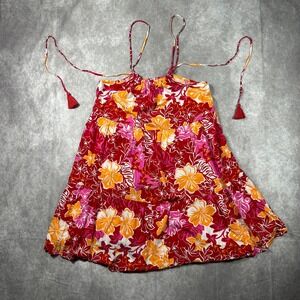 Roxy Womens Hibiscus Floral Tiered Mini Dress Red Orange Pink Large Summer Boho